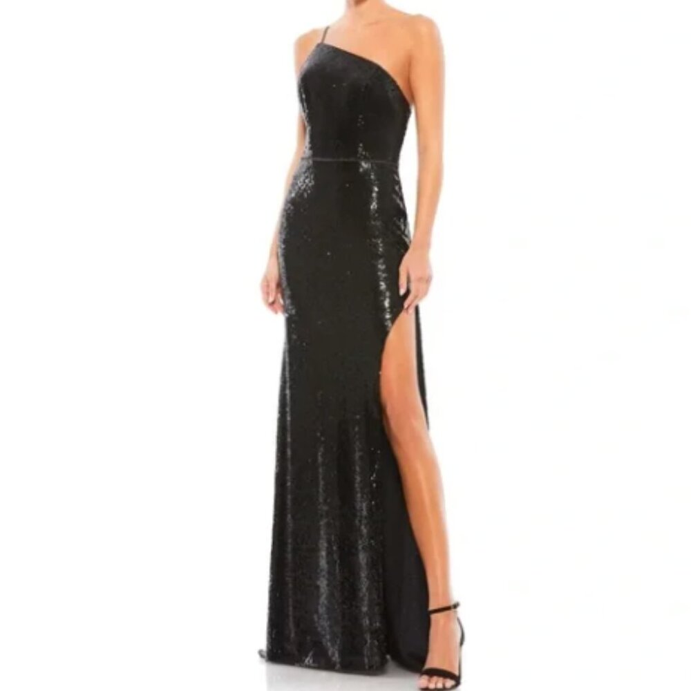 Mac Duggal Black One-Shoulder Sequin Gown with High Slit